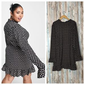Asos Design 24 Curve Frill Neck Mini Dress Fluted Sleeve Black Daisy Floral Plus